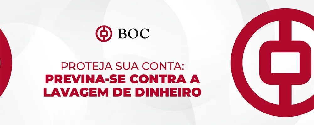Banner: fundo cinza claro com a moeda vermelha do banco a direito. No centro o texto: Proteja sua conta: previna-se contra a lavagem de dinheiro.